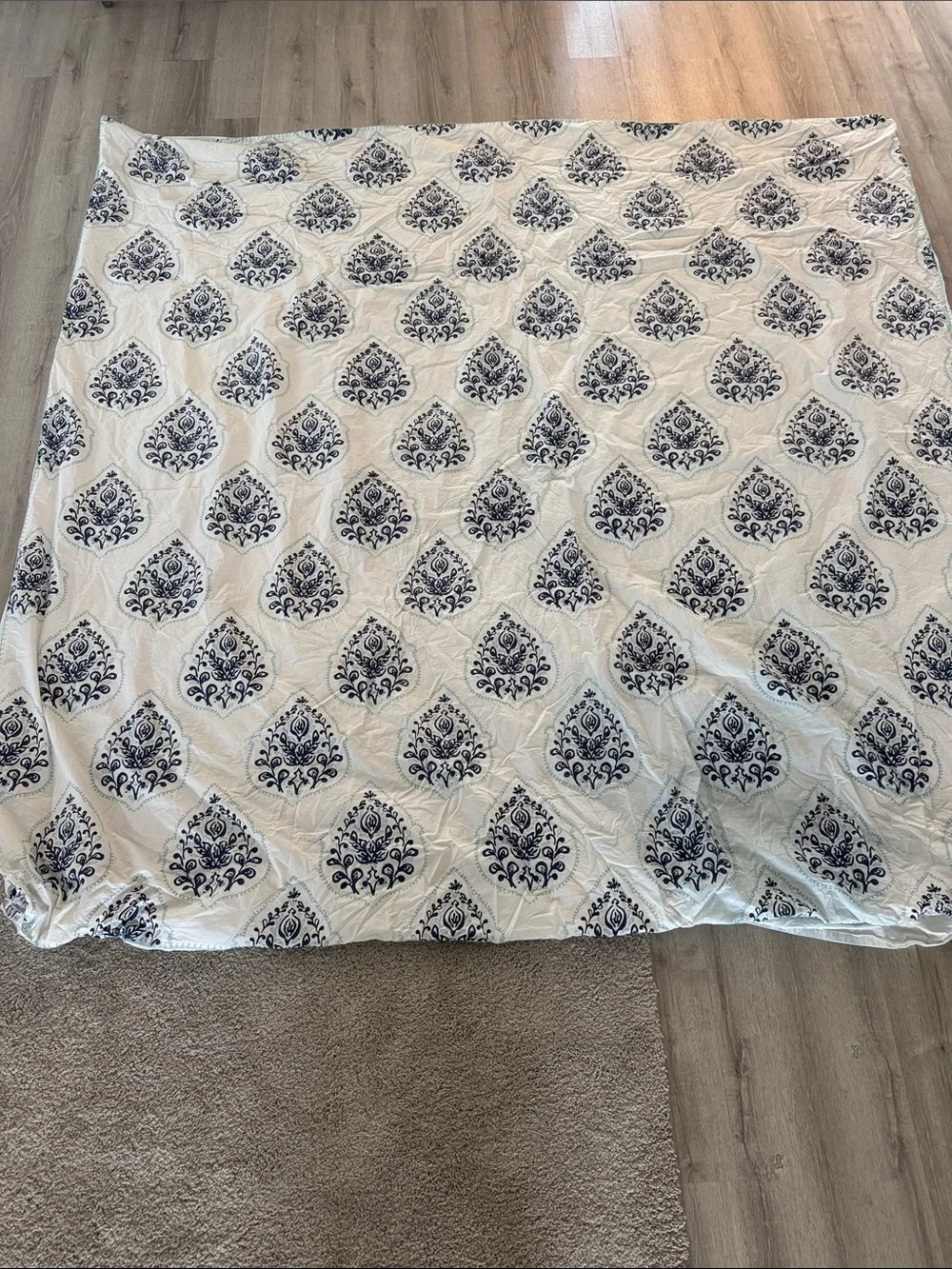 West Elm Queen Duvet Cover Jay Street Block Print Cotton Floral Blue White